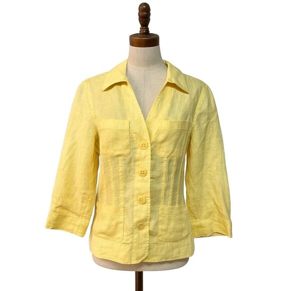 2/$30 Peck & Peck Collection Jacket Womens 6 Yellow Linen Blazer Pockets - Picture 1 of 7